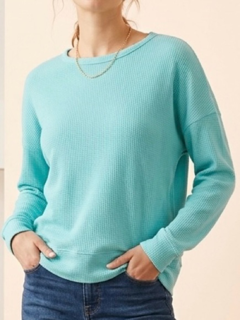 Light Aqua Waffle-Knit Crewneck Sweater - Women
